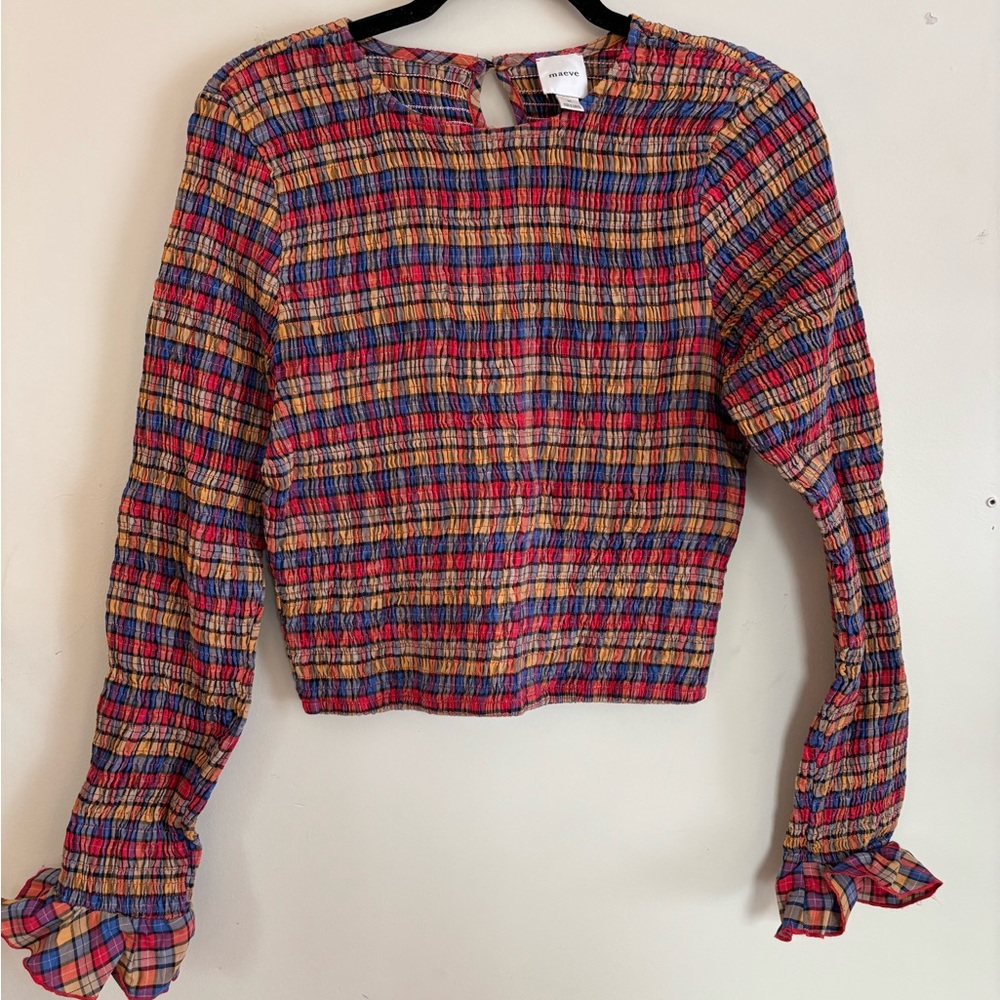 Maeve Multicolor Smocked Long-Sleeve Crop Top - Red, Blue, Yellow